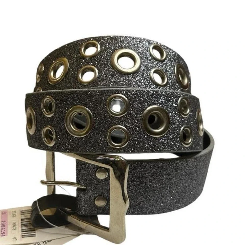 Y2K Silver Glitter Grommet Belt Scene Queen Glam Rock Wide Hip 90s Deadstock 44